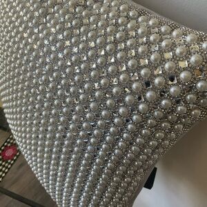 New silver decorator pillow with pearls and bling, 14” x 14”